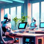 Des robots devant des ordinateurs dans un open space