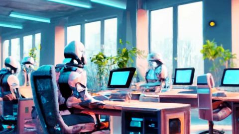 Des robots devant des ordinateurs dans un open space