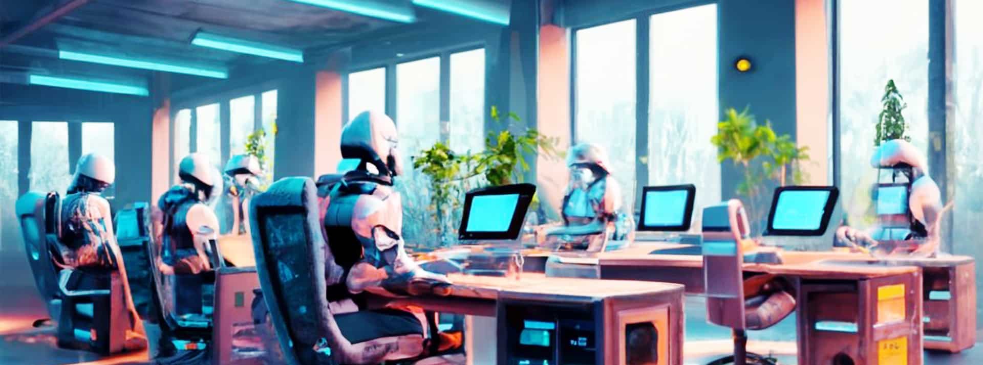 Les IA ne vont pas tuer le travail ni remplacer les travailleurs. On vous explique pourquoi. - L'ADN Des robots devant des ordinateurs dans un open space