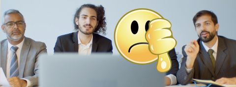 Visioconférence : les hommes sont des fayots Quatre personnes en visio et un emoji pouce en bas