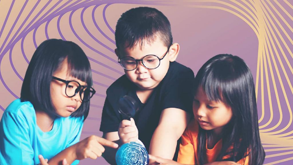 Des enfants asiatiques sur un fond psychédélique