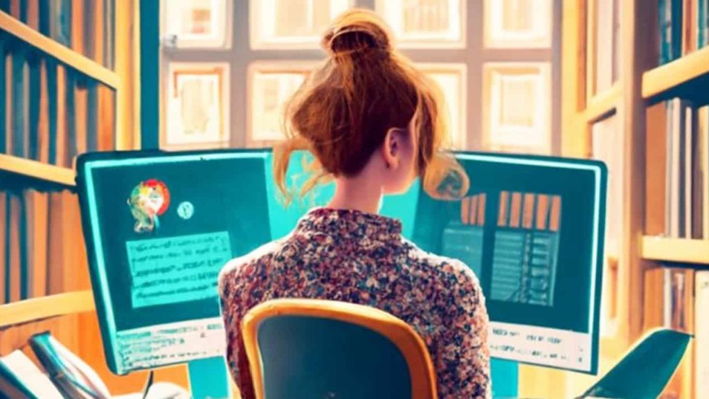 Une jeune femme de dos dans une bibliothèque avec deux ordinateurs