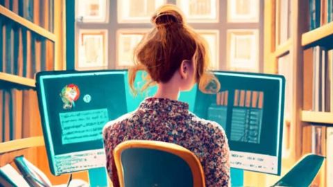 Une jeune femme de dos dans une bibliothèque avec deux ordinateurs