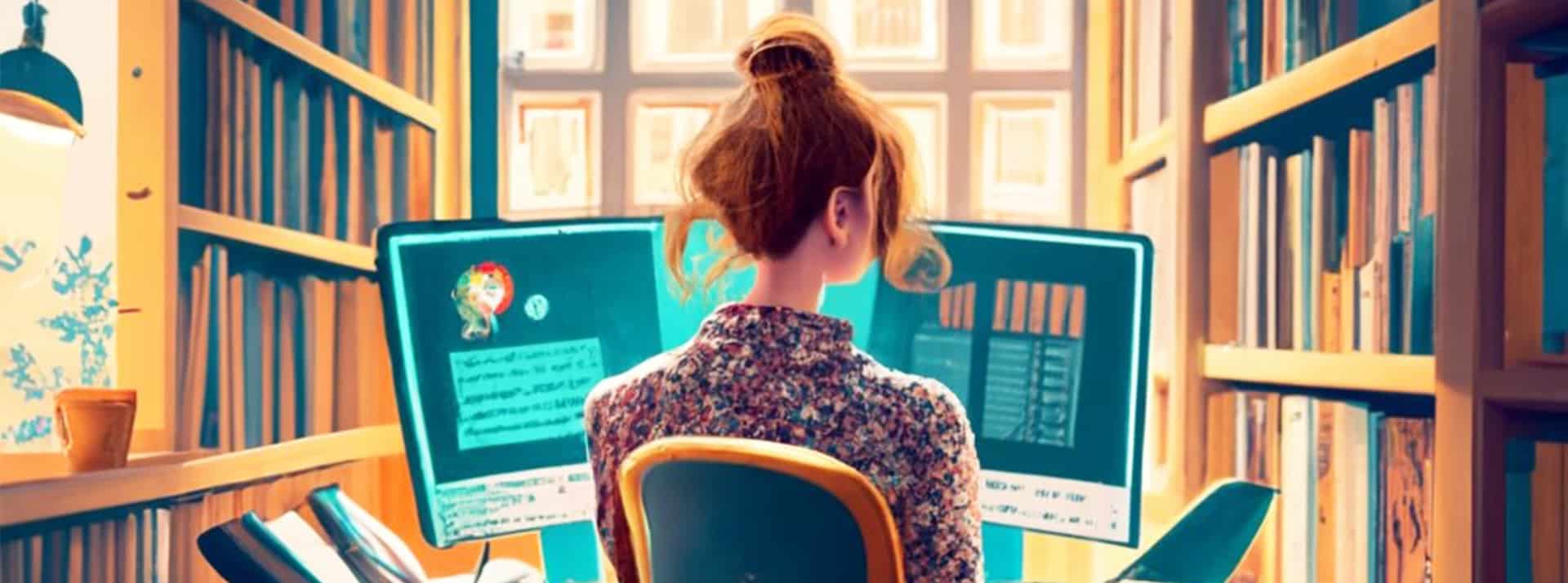 Une jeune femme de dos dans une bibliothèque avec deux ordinateurs