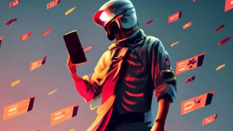 Illustration d'un homme casqué sur son portable avec des journaux qui volent autour de lui