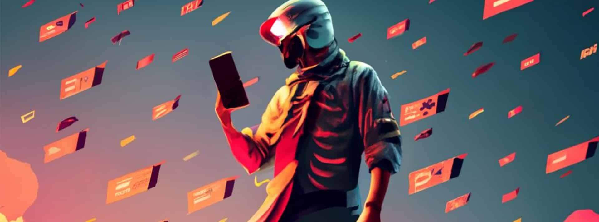 La guerre du XXIème se joue aussi dans nos cerveaux - L'ADN Illustration d'un homme casqué sur son portable avec des journaux qui volent autour de lui