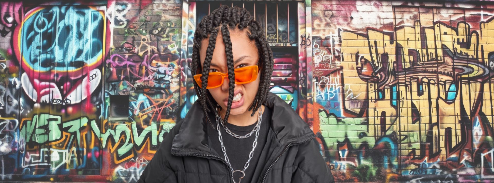 Jeune fille devant un mur de grafitis