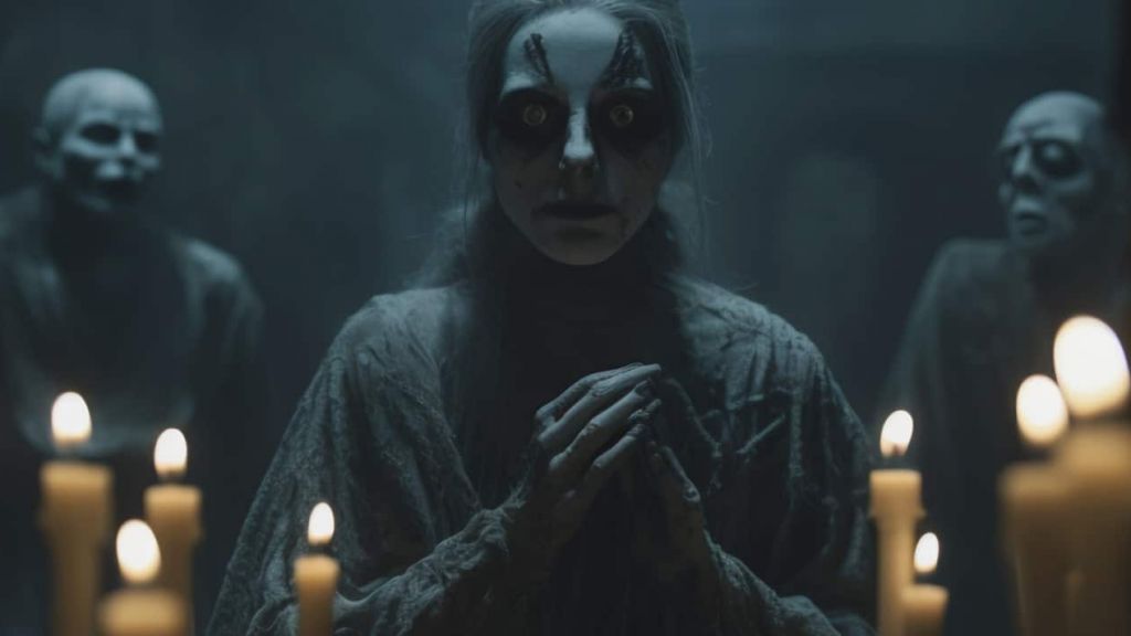 Une scène satanique avec une femmeet deux personnes derrière elle dans la pénombre