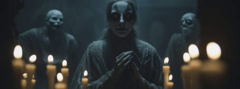 L'Ordre des Neuf Angles : le groupuscule qui œuvre pour la fin du monde Une scène satanique avec une femmeet deux personnes derrière elle dans la pénombre