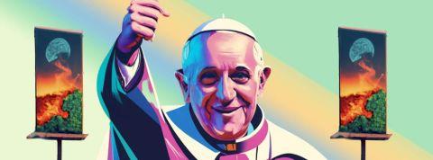 Le pape alerte sur l'urgence climatique et appel à l'action Pape avec 2 affiches de la planète qui brule
