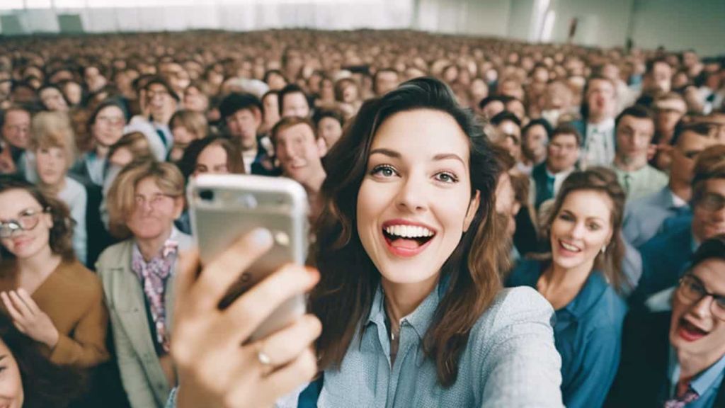 Une jolie influenceuse devant une foule de gens, ambiance très corporate