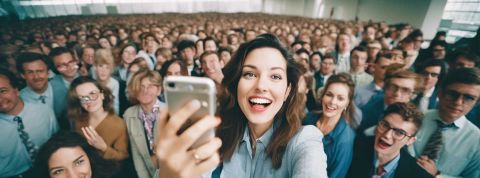 C’est une bonne situation ça influenceuse LinkedIn ? Une jolie influenceuse devant une foule de gens, ambiance très corporate