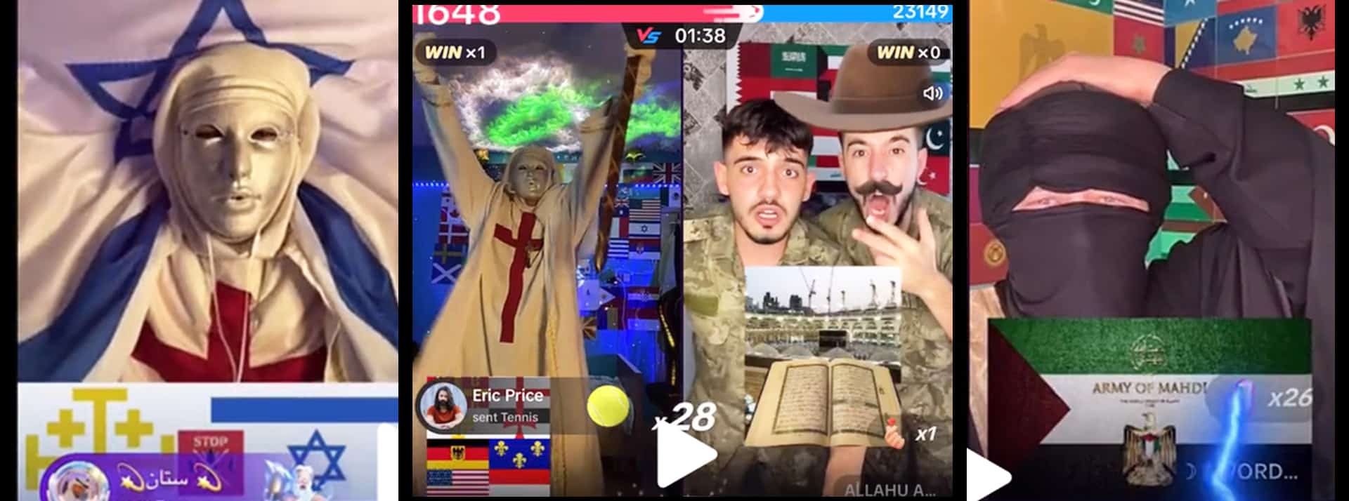 En échange de cadeaux virtuels, des streamers TikTok s'enrichissent sur le conflit entre Israël et le Hamas. - L'ADN Capture d'écran de vidéos TikTok
