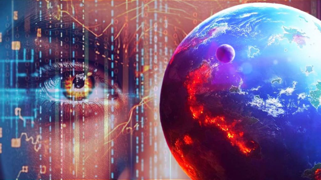 Un visage féminin, des lagorithmes et une planète rose et bleue