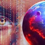 Un visage féminin, des lagorithmes et une planète rose et bleue