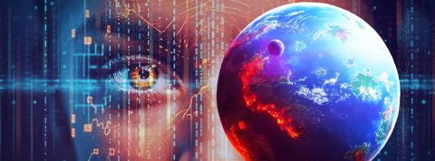 IA : les algorithmes peuvent-ils sauver la planète ? Un visage féminin, des lagorithmes et une planète rose et bleue
