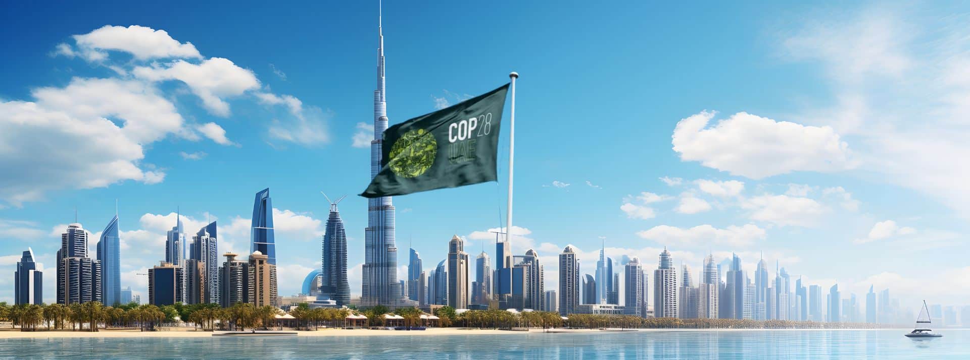 COP28 : la grande messe du greenwashing - L'ADN Building Dubai avec le drapeau de la COP28