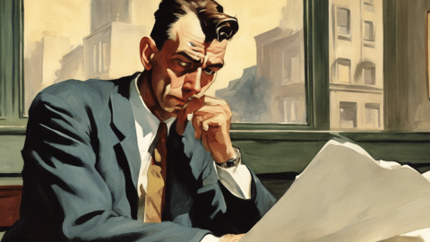 un homme regarde un journal consterné