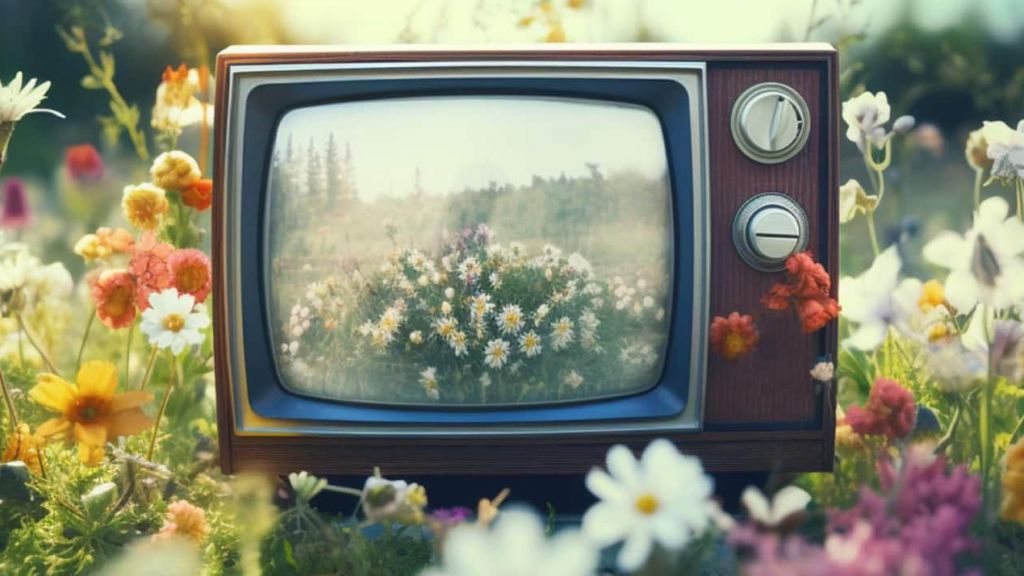 Une télé vintage dans un champ de fleurs