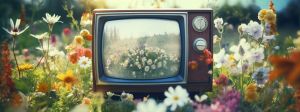 Une télé vintage dans un champ de fleurs