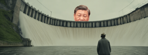 xi le président chinois géant derrière un barrage hydroélectrique