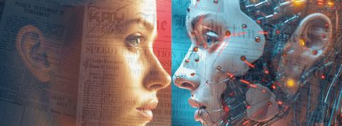 endances 2024 : 9 propositions pour le futur des médias Un visage de femme face à un visage IA