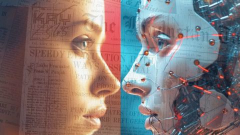 Un visage de femme face à un visage IA