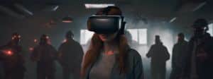 une femme portant un casque de réalité virtuelle entouré d'hommes menaçants.