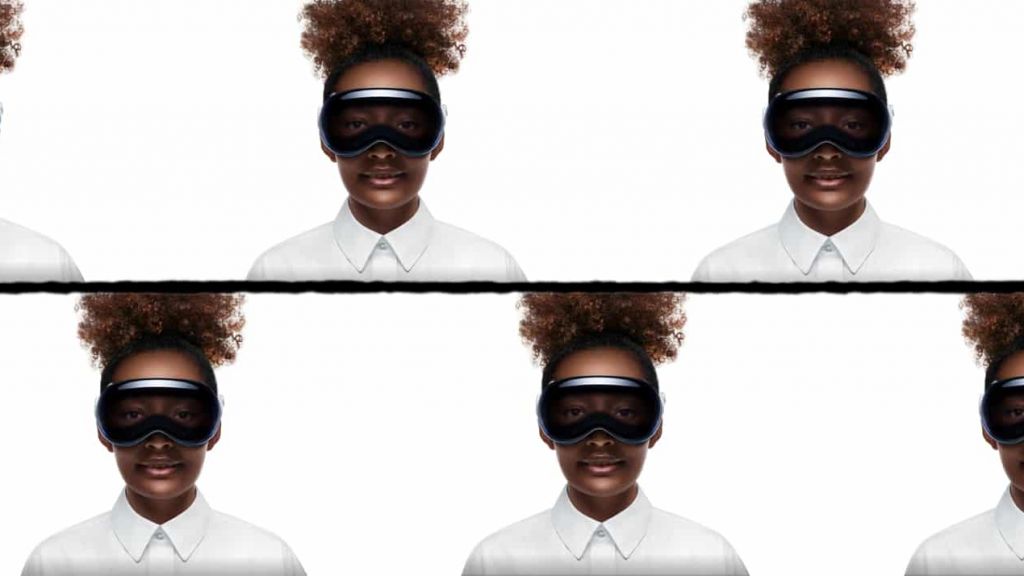 Une femme métisse avec le masque Apple Vision