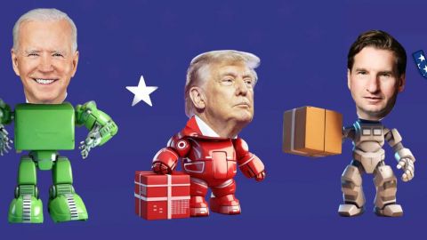 Des robots avec la tête de Donald Trump, Joe Biden et Dean Phillips