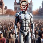 Illustration d'un Elon Musk au corps robotique devant une foule à Harvardharvard