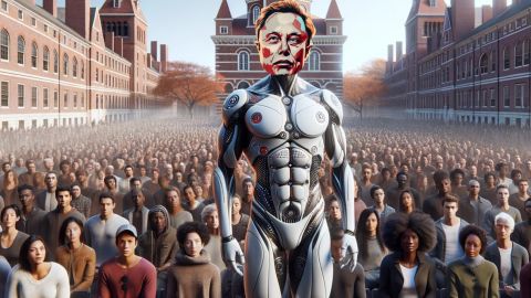 Illustration d'un Elon Musk au corps robotique devant une foule à Harvardharvard