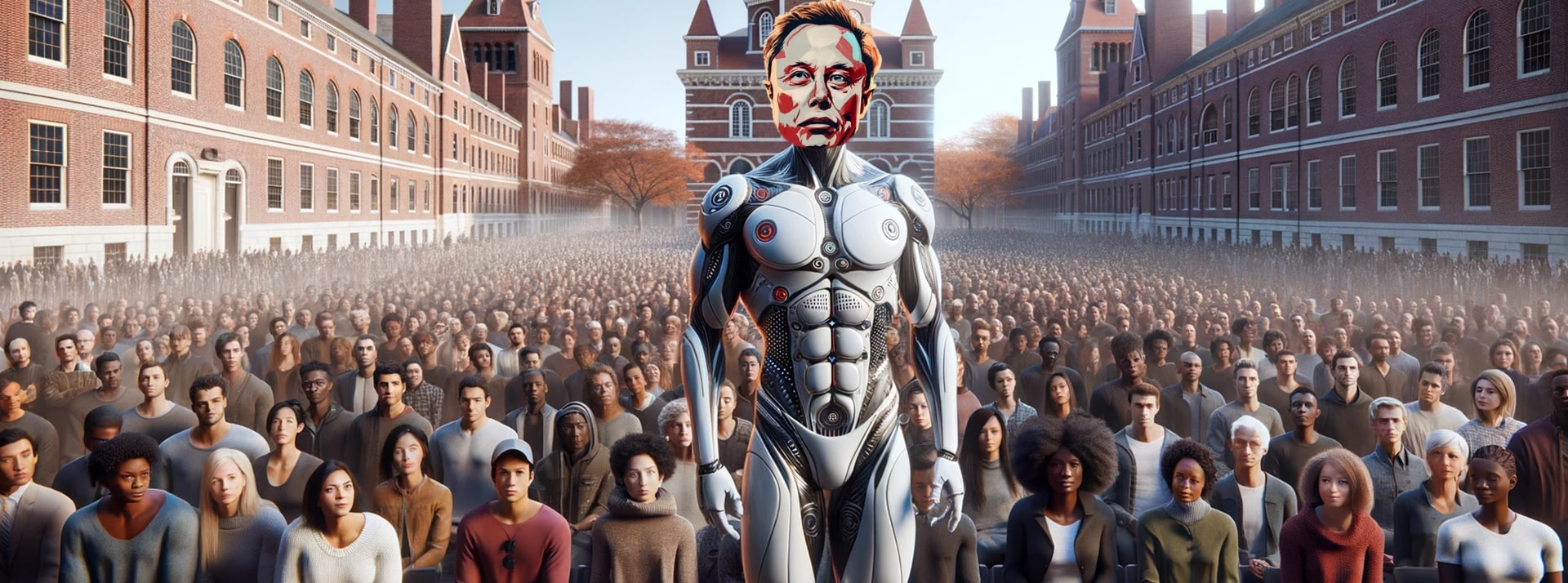 « Woke » c’est so 2020, on dit « idéologie DEI » maintenant - L'ADN Illustration d'un Elon Musk au corps robotique devant une foule à Harvardharvard