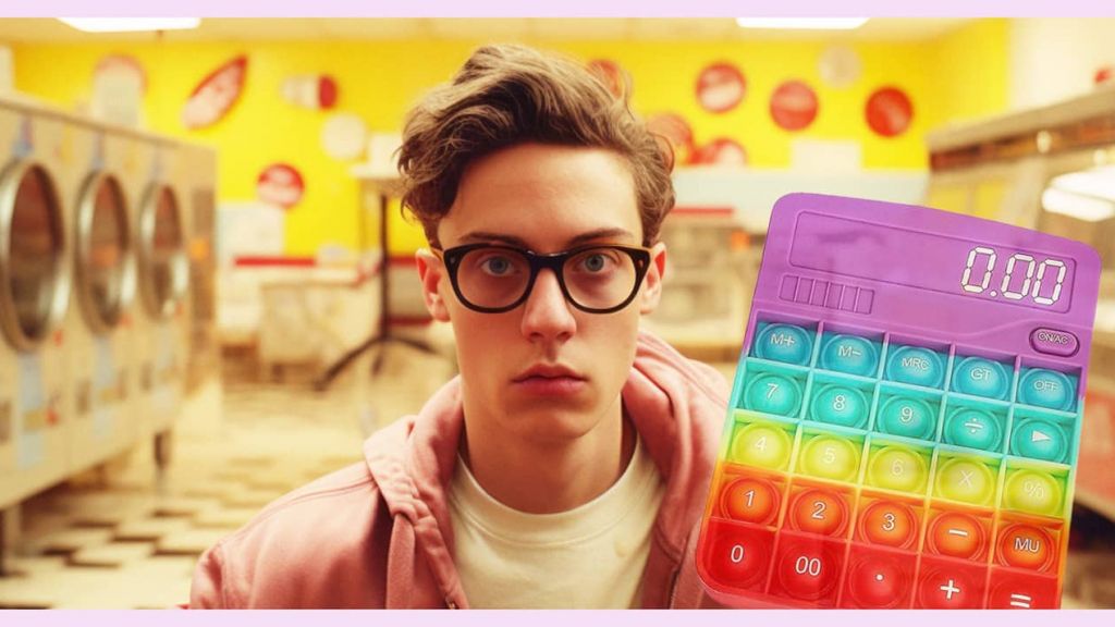 Un jeune adulte dans un lavomatic avec une calculatrice qui affiche O