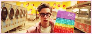 Un jeune adulte dans un lavomatic avec une calculatrice qui affiche O