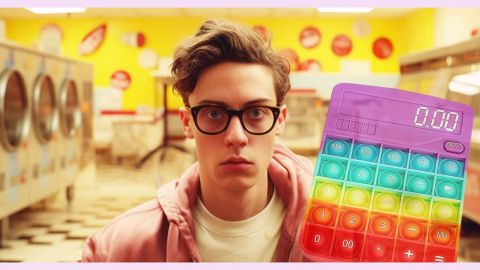 Un jeune adulte dans un lavomatic avec une calculatrice qui affiche O