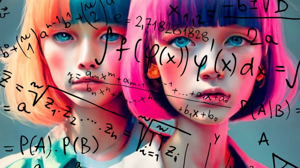 L'IA va-t-elle nous sauver de notre prétendue nullité en maths ?  Deux visages de jeunes femmes avec des symboles de formules mathématiques