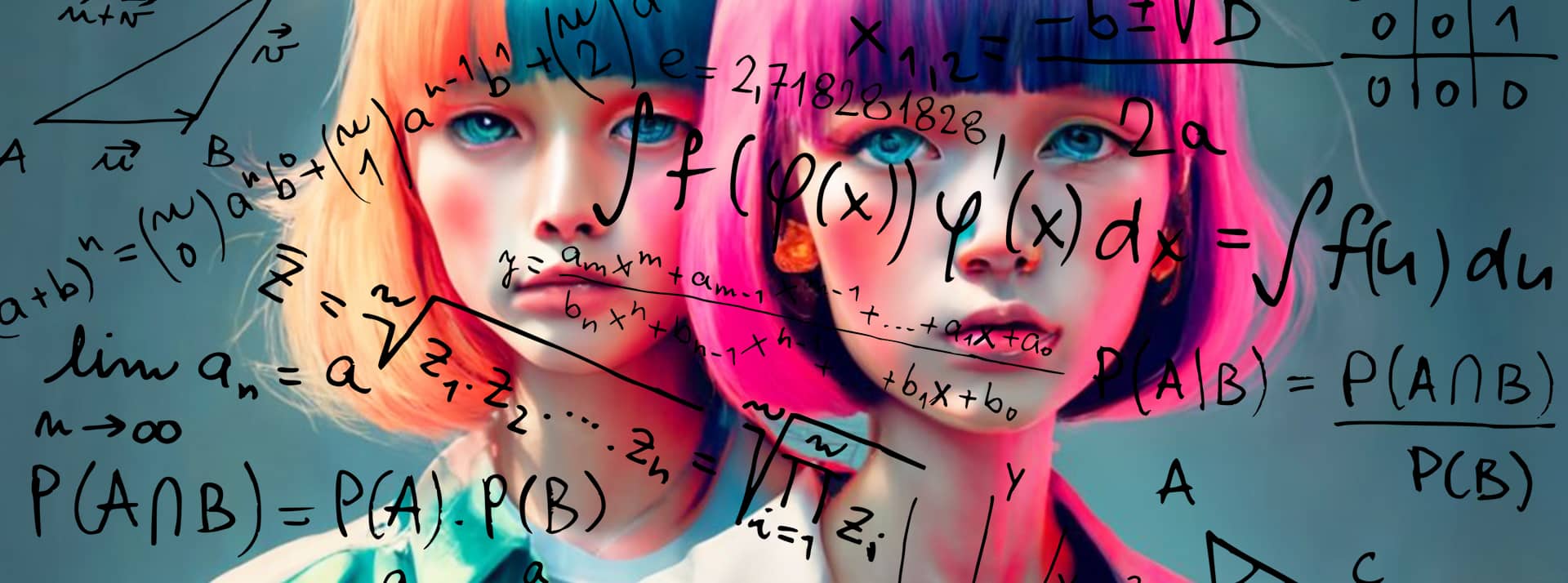 L'IA va-t-elle nous sauver de notre prétendue nullité en maths ? - L'ADN Deux visages de jeunes femmes avec des symboles de formules mathématiques
