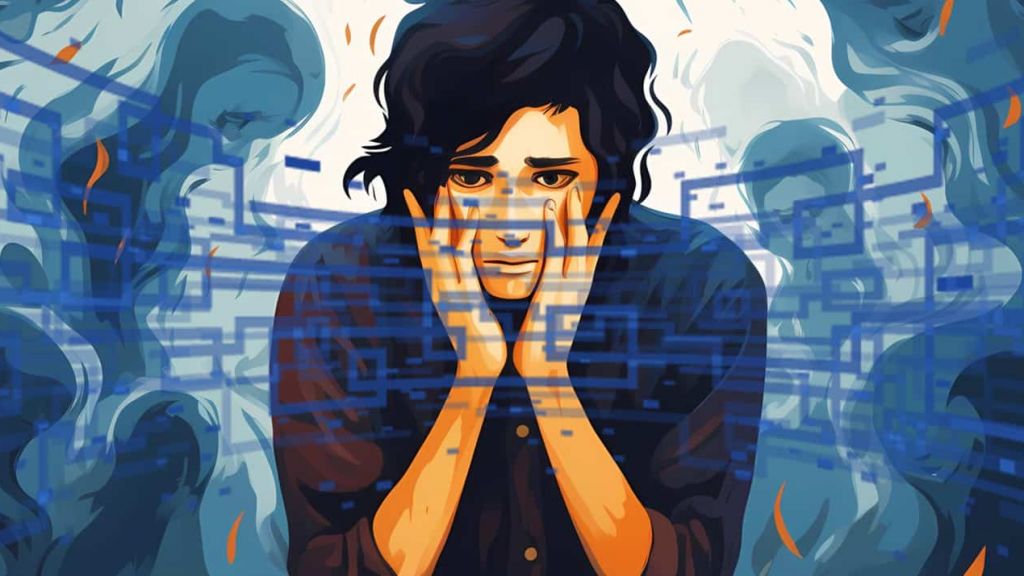 Illustrationd 'une jeune femme stressée avec lignes digitales