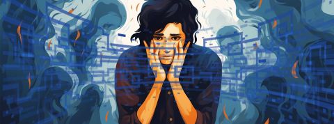 Technocritiques d'hier et d'aujourd'hui, même combat Illustrationd 'une jeune femme stressée avec lignes digitales