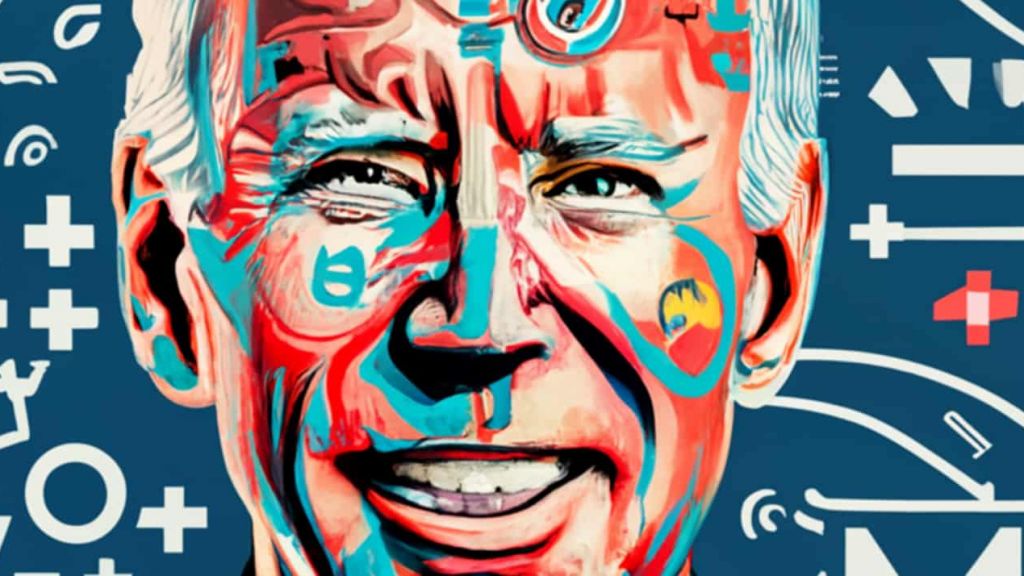 Sur Onlocklearning, c'est Kim Kardashian ou Joe Biden qui donnent des cours de maths Un close-up de Biden avec des équations mathématiques sur le visage, image générée par IA