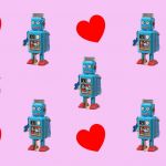 Des coeurs et des robots sur fond rose
