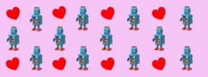 Des coeurs et des robots sur fond rose