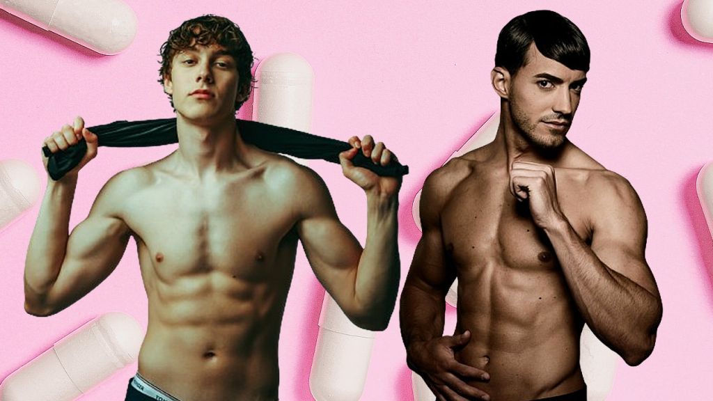 Deux hommes musclés sur fond rose avec des pilules de compléments alimentaires