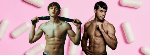 Ces hommes obsédés par leur testosterone et l'idée d'être un peu moins des hommes Deux hommes musclés sur fond rose avec des pilules de compléments alimentaires