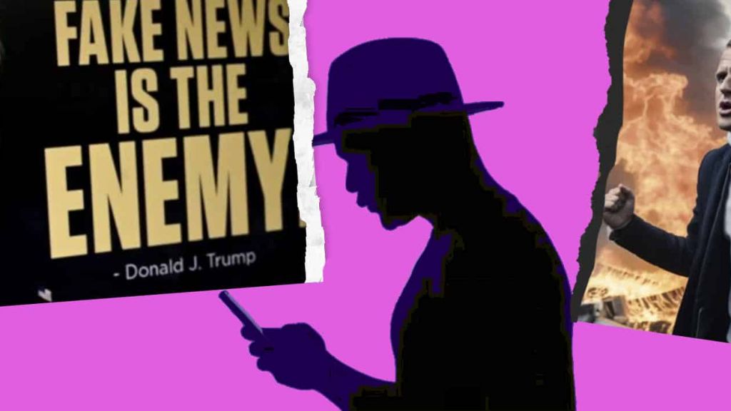 Une silhouetted 'un homem sur son smartphone et des fake news