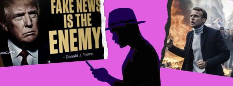 Emmanuel Macron bientôt papa ou Bernadette Chirac morte... avec les IA, la fabrique de l'intox explose Une silhouetted 'un homem sur son smartphone et des fake news