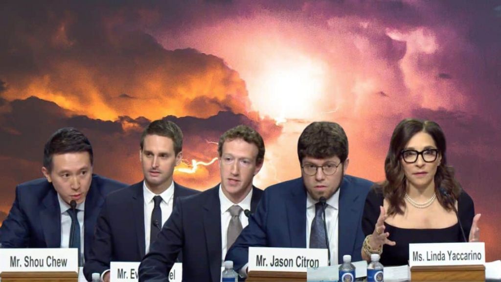 Enfants sur les réseaux : les patrons des grandes plateformes fessés en public par des sénateurs Marc Zuckerberg (Meta), Linda Yaccarino (X), Evan Spiegel, (Snapchat), Shou Zi Chew (TikTok) et Jason Citron (Discord)