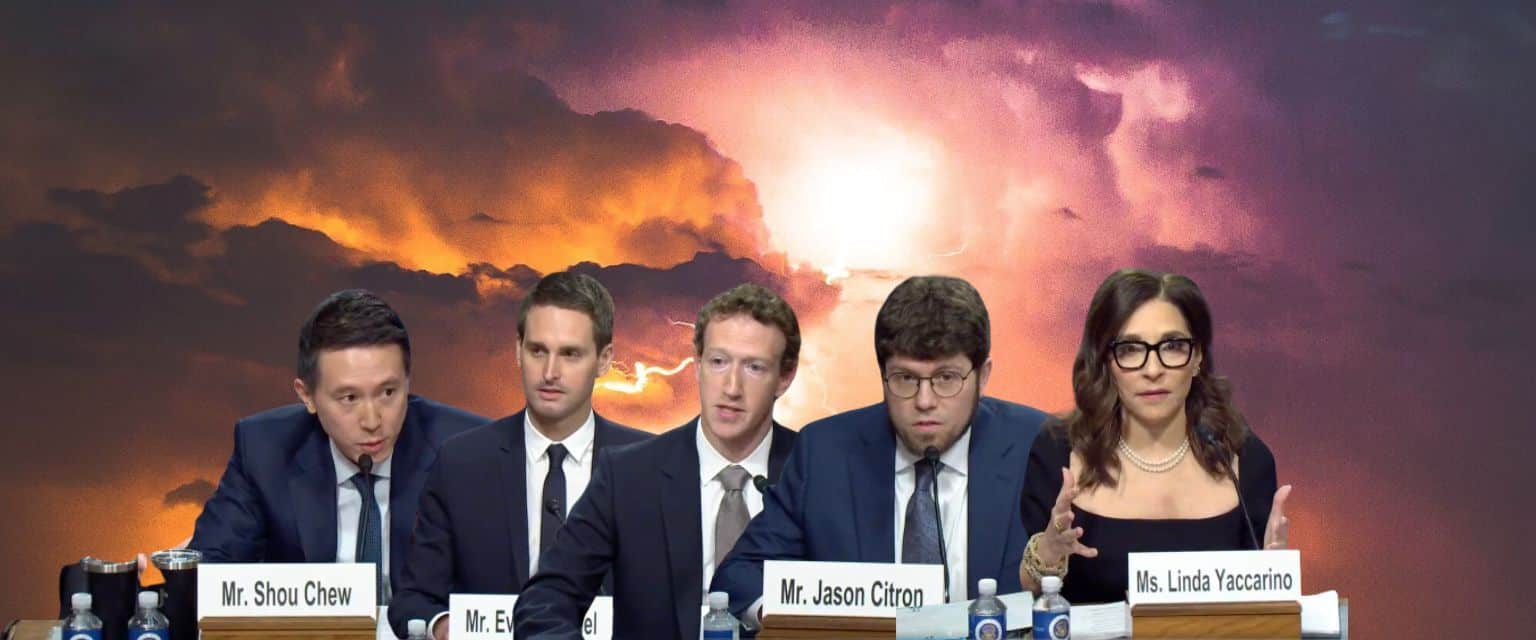 Enfants sur les réseaux : les patrons des grandes plateformes fessés en public par des sénateurs - L'ADN Marc Zuckerberg (Meta), Linda Yaccarino (X), Evan Spiegel, (Snapchat), Shou Zi Chew (TikTok) et Jason Citron (Discord)
