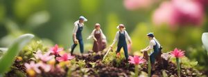 De petites figurines sur un décor de verdure